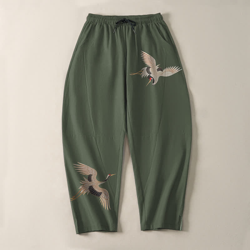 Buddha Stones Pure Cotton Twin Crane Pattern Drawstring Men's Tapered Pants With Pockets - image 13