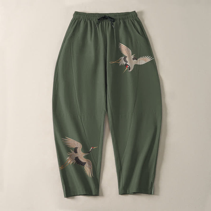 Buddha Stones Pure Cotton Twin Crane Pattern Drawstring Men's Tapered Pants With Pockets - image 13