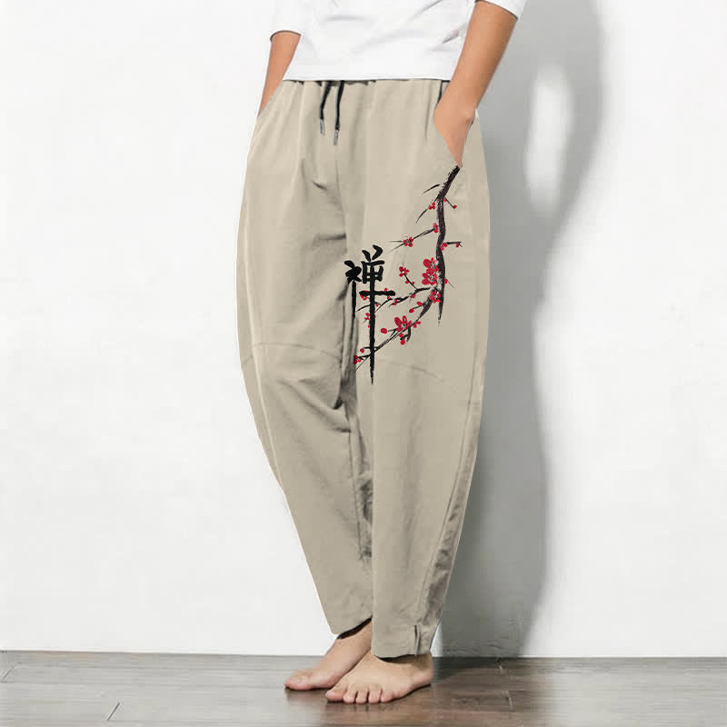 Buddha Stones Pure Cotton Zen Plum Blossom Pattern Drawstring Men's Tapered Pants With Pockets - image 1