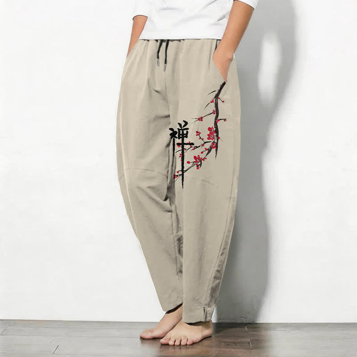 Buddha Stones Pure Cotton Zen Plum Blossom Pattern Drawstring Men's Tapered Pants With Pockets - image 1