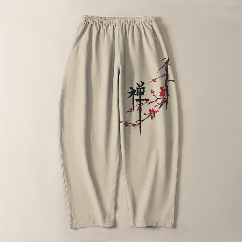 Buddha Stones Pure Cotton Zen Plum Blossom Pattern Drawstring Men's Tapered Pants With Pockets - image 3