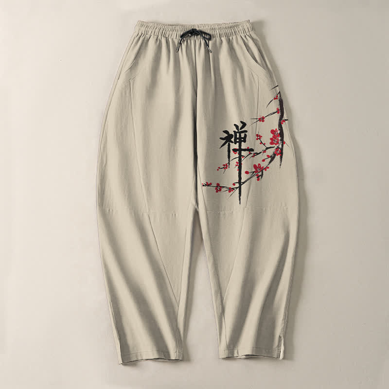 Buddha Stones Pure Cotton Zen Plum Blossom Pattern Drawstring Men's Tapered Pants With Pockets - image 2