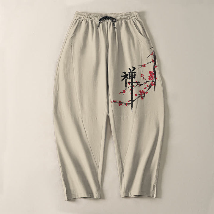 Buddha Stones Pure Cotton Zen Plum Blossom Pattern Drawstring Men's Tapered Pants With Pockets - image 2