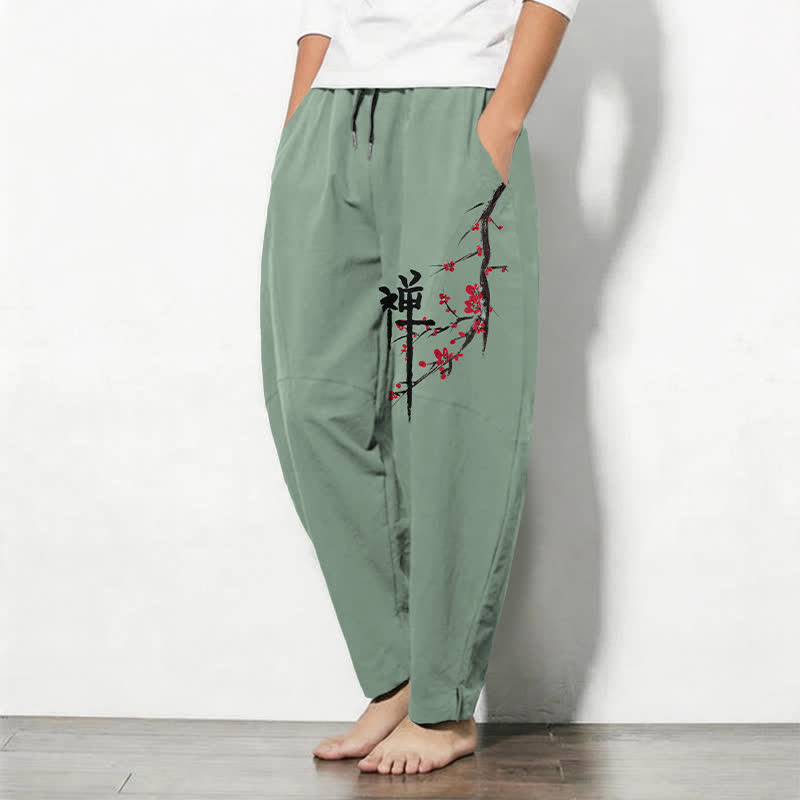 Buddha Stones Pure Cotton Zen Plum Blossom Pattern Drawstring Men's Tapered Pants With Pockets - image 8