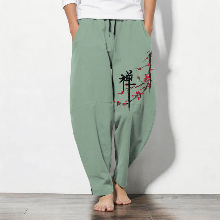 Buddha Stones Pure Cotton Zen Plum Blossom Pattern Drawstring Men's Tapered Pants With Pockets - DarkSeaGreen - US/UK/AU50，EU60 (5XL) - image 7