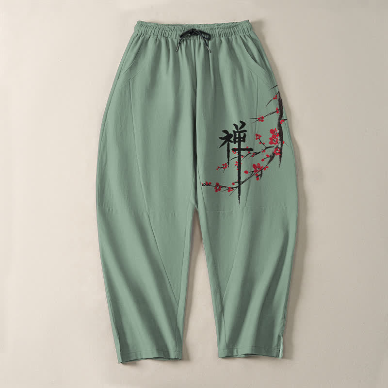 Buddha Stones Pure Cotton Zen Plum Blossom Pattern Drawstring Men's Tapered Pants With Pockets - image 9