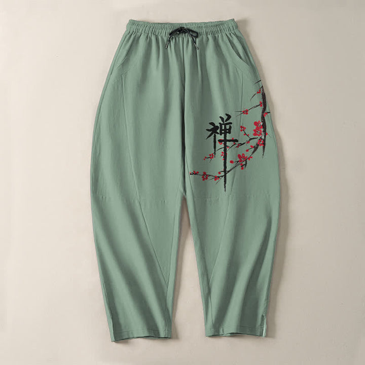 Buddha Stones Pure Cotton Zen Plum Blossom Pattern Drawstring Men's Tapered Pants With Pockets - image 9