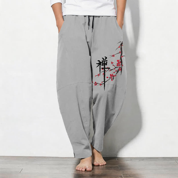 Buddha Stones Pure Cotton Zen Plum Blossom Pattern Drawstring Men's Tapered Pants With Pockets - LightGrey - US/UK/AU50，EU60 (5XL) - image 11