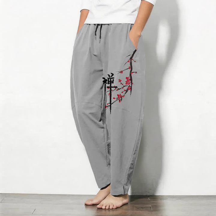 Buddha Stones Pure Cotton Zen Plum Blossom Pattern Drawstring Men's Tapered Pants With Pockets - image 12