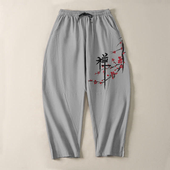 Buddha Stones Pure Cotton Zen Plum Blossom Pattern Drawstring Men's Tapered Pants With Pockets - image 13