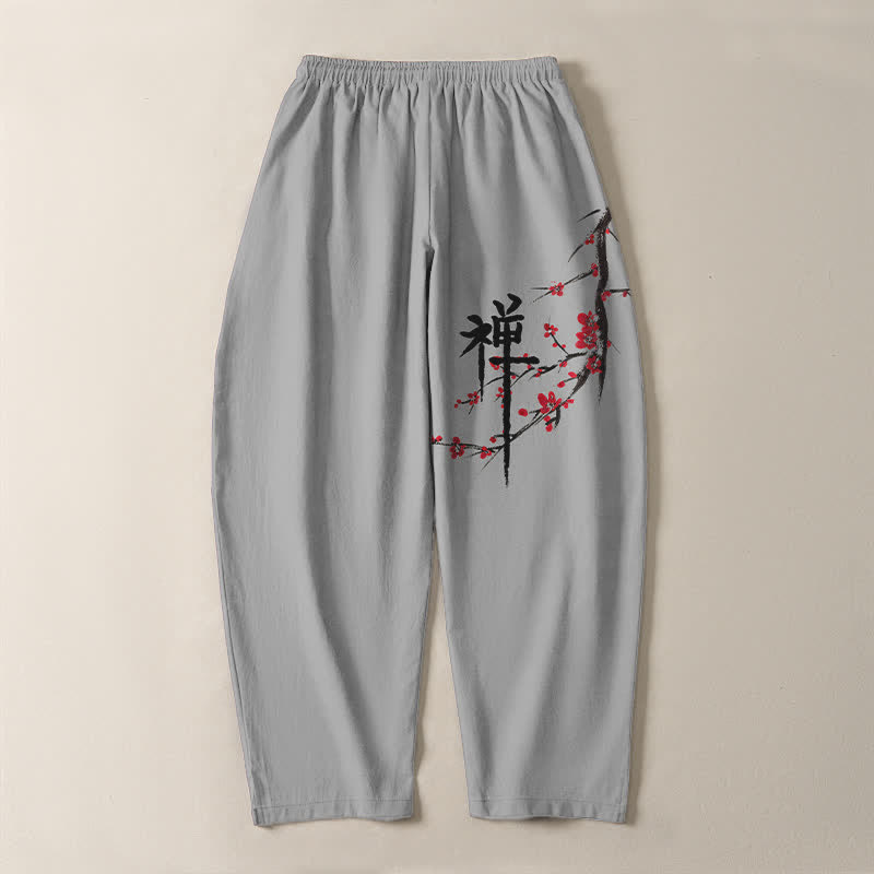 Buddha Stones Pure Cotton Zen Plum Blossom Pattern Drawstring Men's Tapered Pants With Pockets - image 14