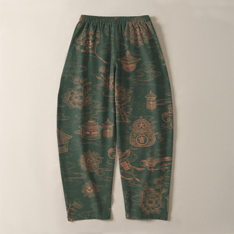 Buddha Stones Pure Cotton Lotus Pavilion Cloud Pattern Drawstring Men's Tapered Pants With Pockets - image 14