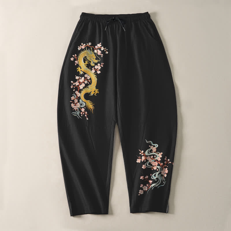 Buddha Stones Pure Cotton Golden Dragon Blossom Pattern Drawstring Men's Tapered Pants With Pockets - image 9