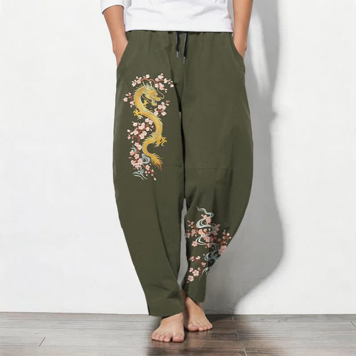 Buddha Stones Pure Cotton Golden Dragon Blossom Pattern Drawstring Men's Tapered Pants With Pockets - DarkOliveGreen - US/UK/AU50，EU60 (5XL) - image 11
