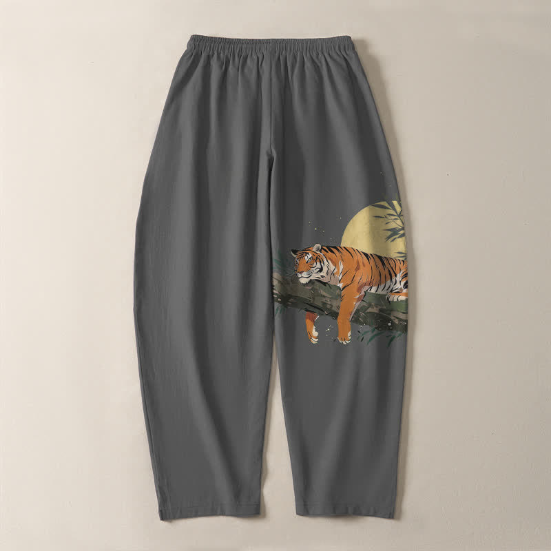 Buddha Stones Pure Cotton Reclining Tiger Moon Pattern Drawstring Men's Tapered Pants With Pockets - image 14