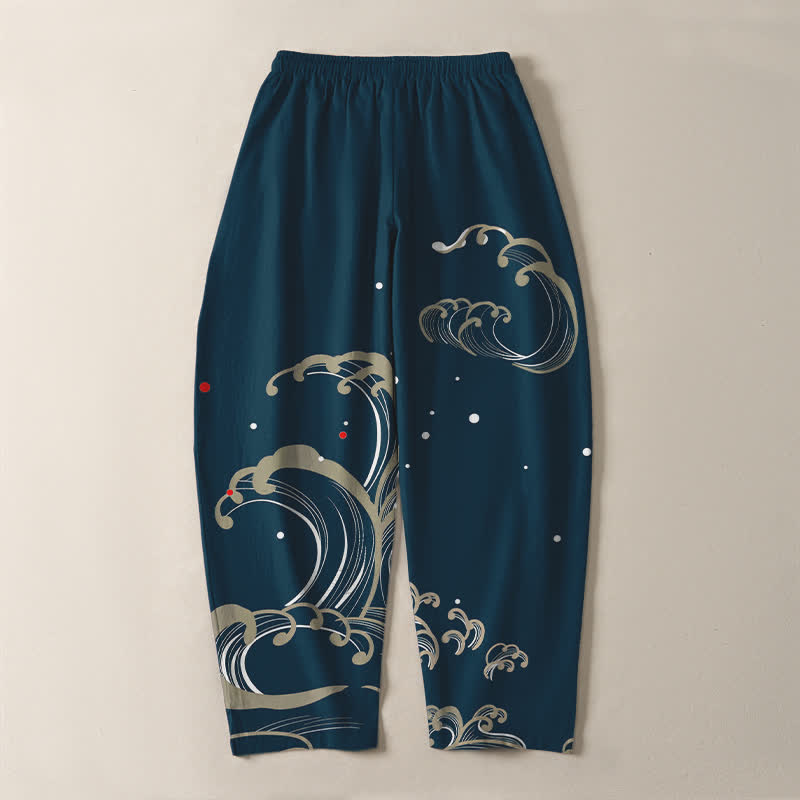 Buddha Stones Pure Cotton Ocean Tide Wave Pattern Drawstring Men's Tapered Pants With Pockets - image 3