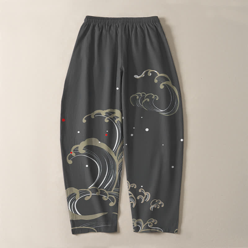 Buddha Stones Pure Cotton Ocean Tide Wave Pattern Drawstring Men's Tapered Pants With Pockets - image 10