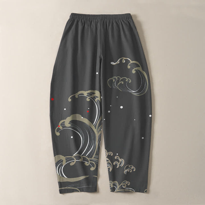 Buddha Stones Pure Cotton Ocean Tide Wave Pattern Drawstring Men's Tapered Pants With Pockets - image 10