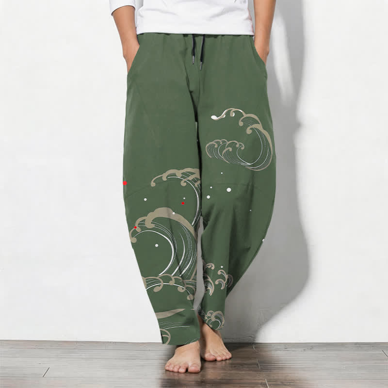 Buddha Stones Pure Cotton Ocean Tide Wave Pattern Drawstring Men's Tapered Pants With Pockets - DarkOliveGreen - US/UK/AU50，EU60 (5XL) - image 11