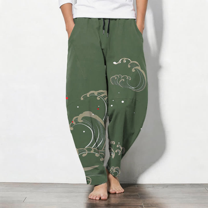 Buddha Stones Pure Cotton Ocean Tide Wave Pattern Drawstring Men's Tapered Pants With Pockets - DarkOliveGreen - US/UK/AU50，EU60 (5XL) - image 11