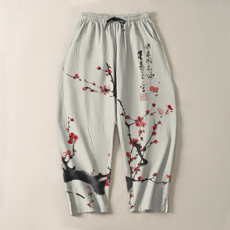 Buddha Stones Pure Cotton Calligraphy Plum Blossom Pattern Drawstring Men's Tapered Pants With Pockets - image 2