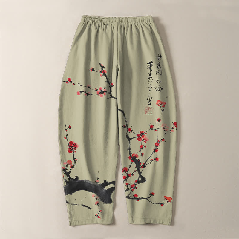 Buddha Stones Pure Cotton Calligraphy Plum Blossom Pattern Drawstring Men's Tapered Pants With Pockets - image 14