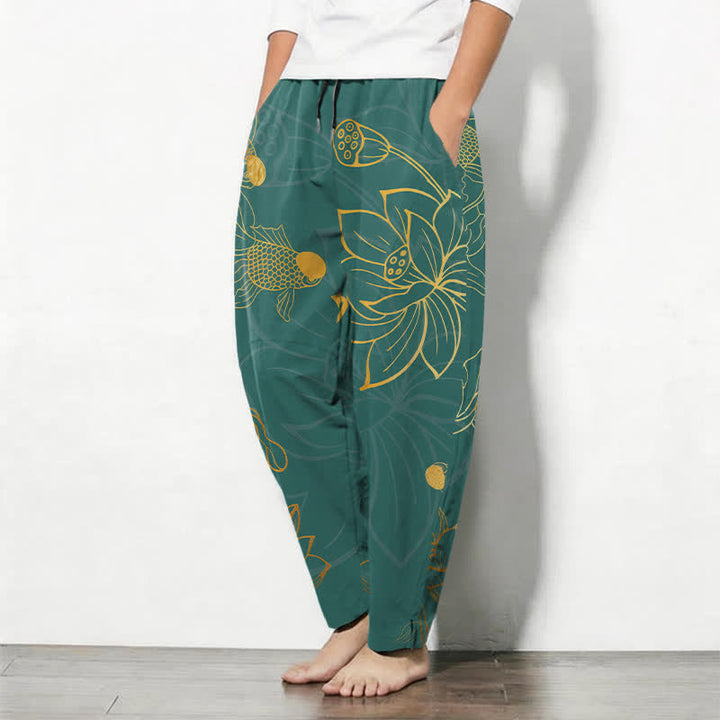 Buddha Stones Pure Cotton Golden Lotus Koi Pattern Drawstring Men's Tapered Pants With Pockets - image 1