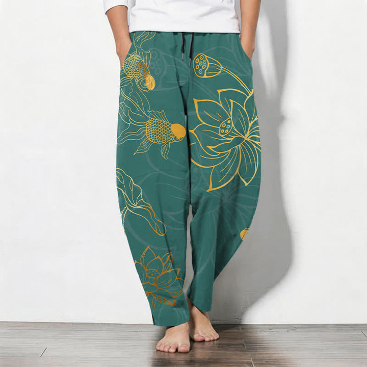 Buddha Stones Pure Cotton Golden Lotus Koi Pattern Drawstring Men's Tapered Pants With Pockets - Teal - US/UK/AU50，EU60 (5XL) - image 0