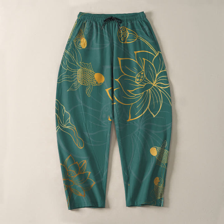 Buddha Stones Pure Cotton Golden Lotus Koi Pattern Drawstring Men's Tapered Pants With Pockets - image 2