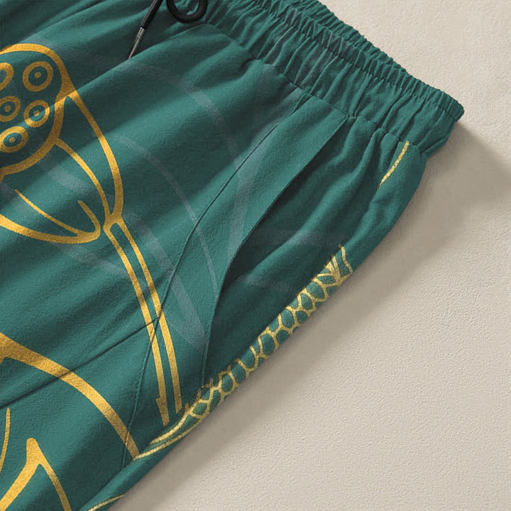 Buddha Stones Pure Cotton Golden Lotus Koi Pattern Drawstring Men's Tapered Pants With Pockets - image 4