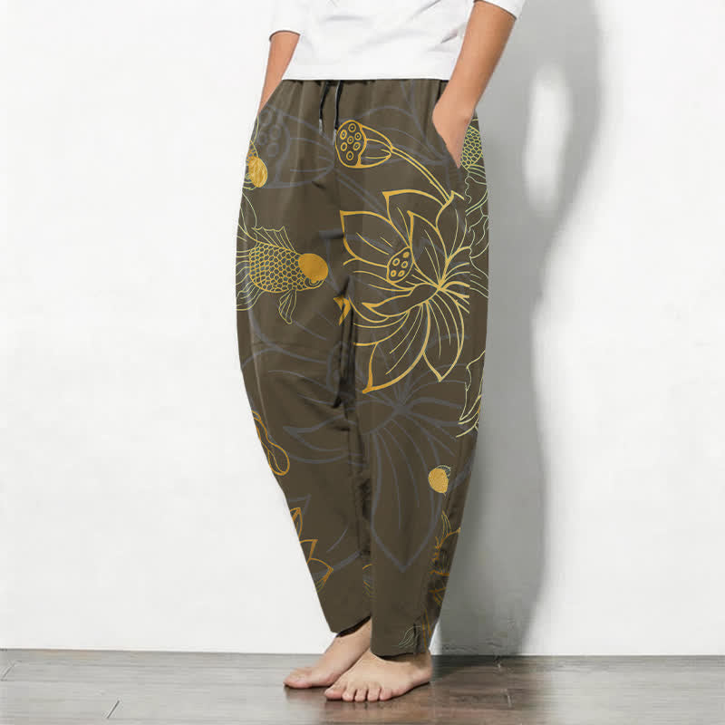 Buddha Stones Pure Cotton Golden Lotus Koi Pattern Drawstring Men's Tapered Pants With Pockets - image 12