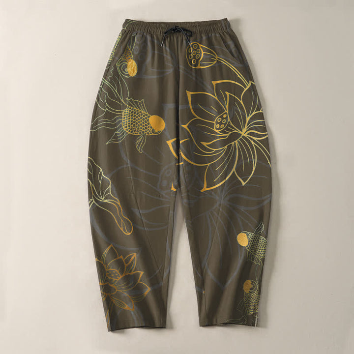 Buddha Stones Pure Cotton Golden Lotus Koi Pattern Drawstring Men's Tapered Pants With Pockets - image 13