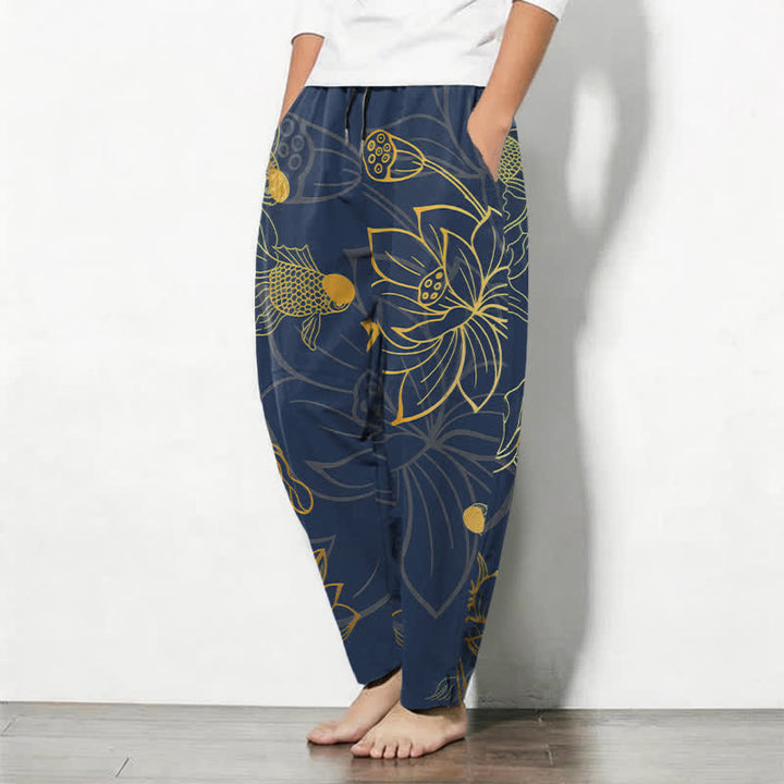 Buddha Stones Pure Cotton Golden Lotus Koi Pattern Drawstring Men's Tapered Pants With Pockets - image 8