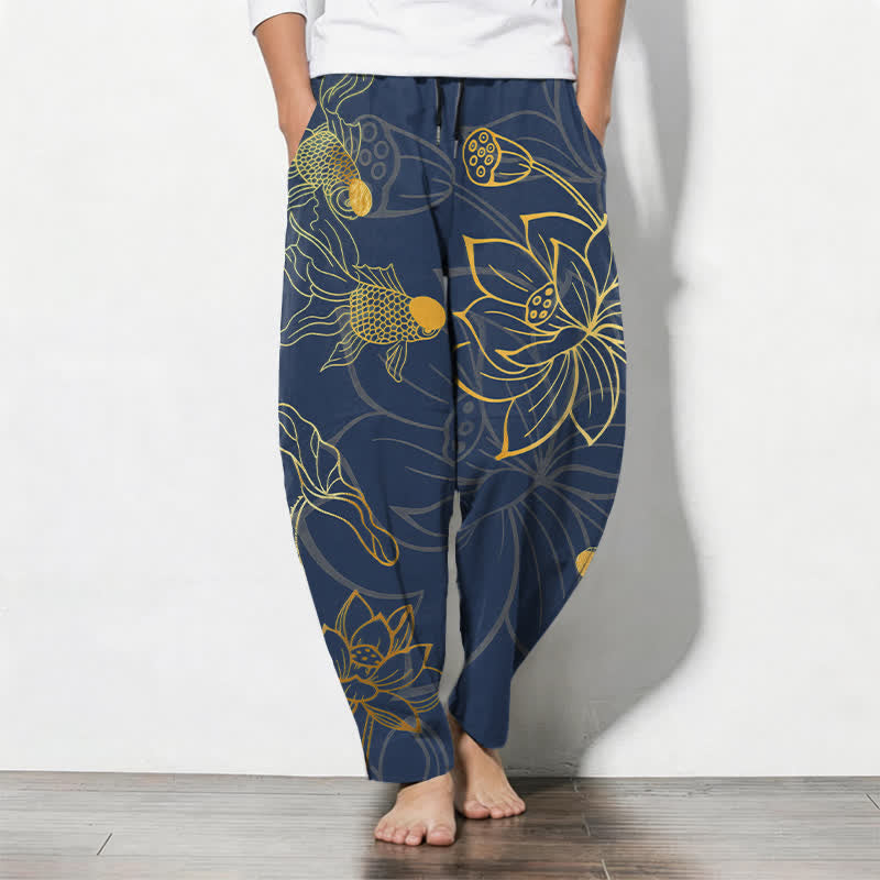 Buddha Stones Pure Cotton Golden Lotus Koi Pattern Drawstring Men's Tapered Pants With Pockets - Navy - US/UK/AU50，EU60 (5XL) - image 7