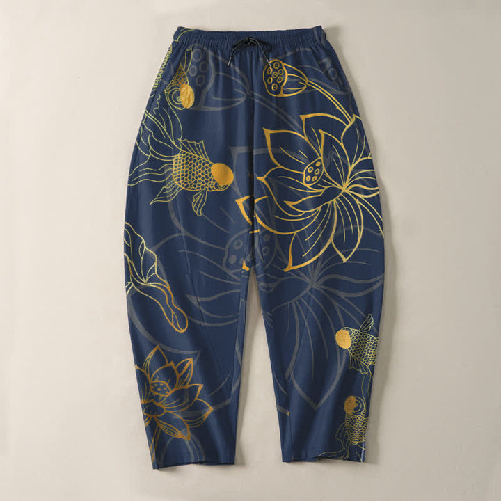 Buddha Stones Pure Cotton Golden Lotus Koi Pattern Drawstring Men's Tapered Pants With Pockets - image 9