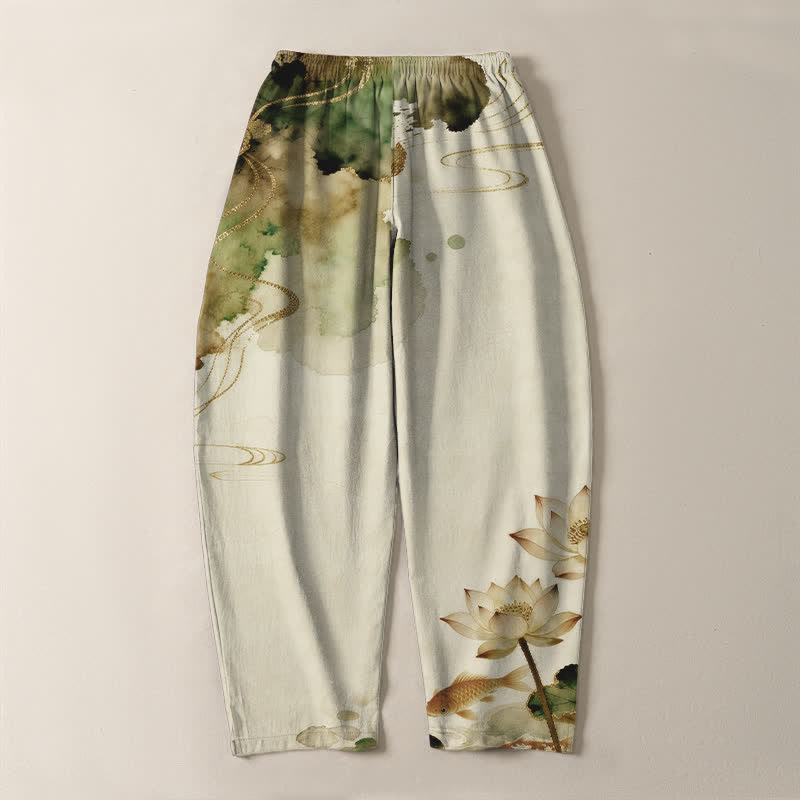 Buddha Stones Pure Cotton Lotus Koi Ink Wash Pattern Drawstring Men's Tapered Pants With Pockets - image 10