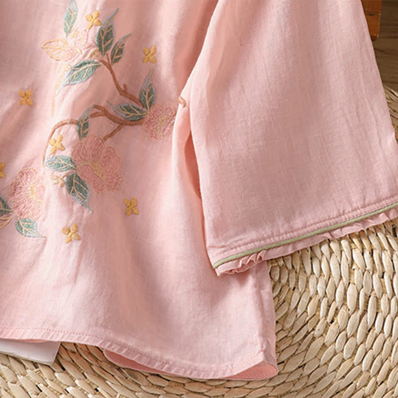 Buddha Stones Summer Tang Style Vintage Embroidery Floral Leaves Women's Elbow-Length Sleeve Shirts - image 10