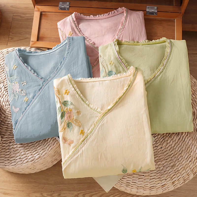 Buddha Stones Summer Tang Style Vintage Embroidery Floral Leaves Women's Elbow-Length Sleeve Shirts - image 26