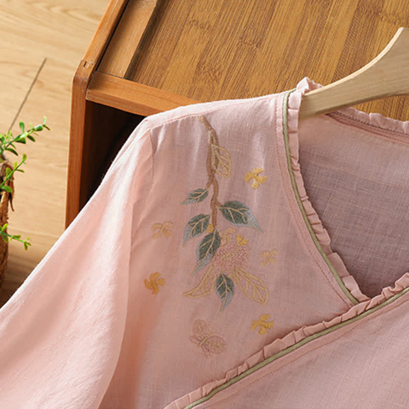 Buddha Stones Summer Tang Style Vintage Embroidery Floral Leaves Women's Elbow-Length Sleeve Shirts - image 8