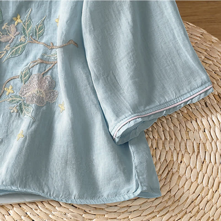 Buddha Stones Summer Tang Style Vintage Embroidery Floral Leaves Women's Elbow-Length Sleeve Shirts - image 24
