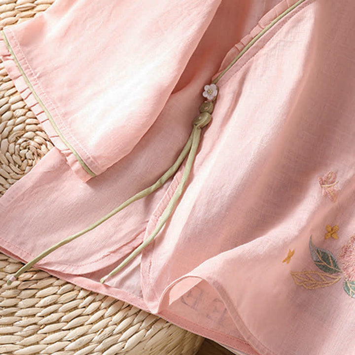Buddha Stones Summer Tang Style Vintage Embroidery Floral Leaves Women's Elbow-Length Sleeve Shirts - image 9