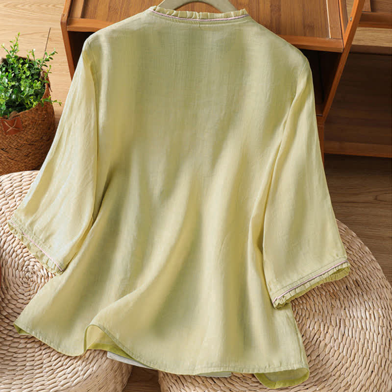 Buddha Stones Summer Tang Style Vintage Embroidery Floral Leaves Women's Elbow-Length Sleeve Shirts - image 13
