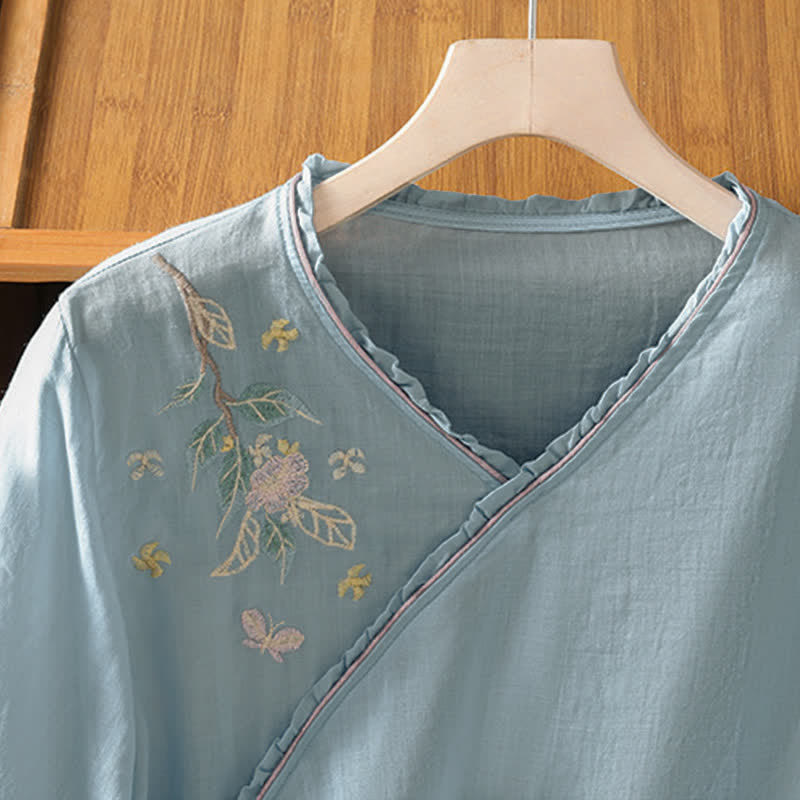 Buddha Stones Summer Tang Style Vintage Embroidery Floral Leaves Women's Elbow-Length Sleeve Shirts - image 20