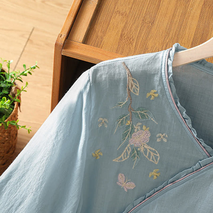 Buddha Stones Summer Tang Style Vintage Embroidery Floral Leaves Women's Elbow-Length Sleeve Shirts - image 22