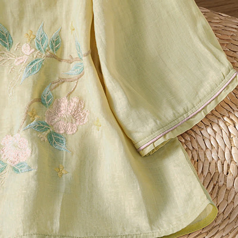 Buddha Stones Summer Tang Style Vintage Embroidery Floral Leaves Women's Elbow-Length Sleeve Shirts - image 17