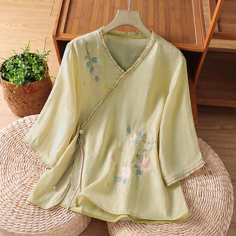 Buddha Stones Summer Tang Style Vintage Embroidery Floral Leaves Women's Elbow-Length Sleeve Shirts - PaleGoldenrod - US8-10, UK/AU12-14, EU40-42 (2XL) - image 12