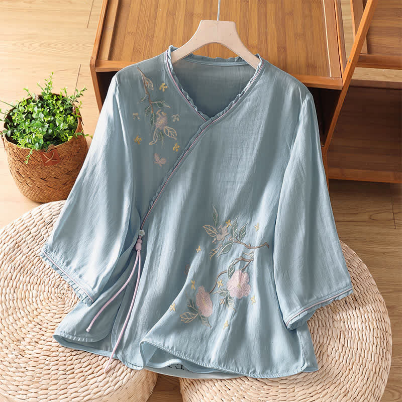 Buddha Stones Summer Tang Style Vintage Embroidery Floral Leaves Women's Elbow-Length Sleeve Shirts - LightBlue - US8-10, UK/AU12-14, EU40-42 (2XL) - image 18