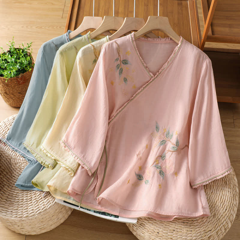 Buddha Stones Summer Tang Style Vintage Embroidery Floral Leaves Women's Elbow-Length Sleeve Shirts - image 25