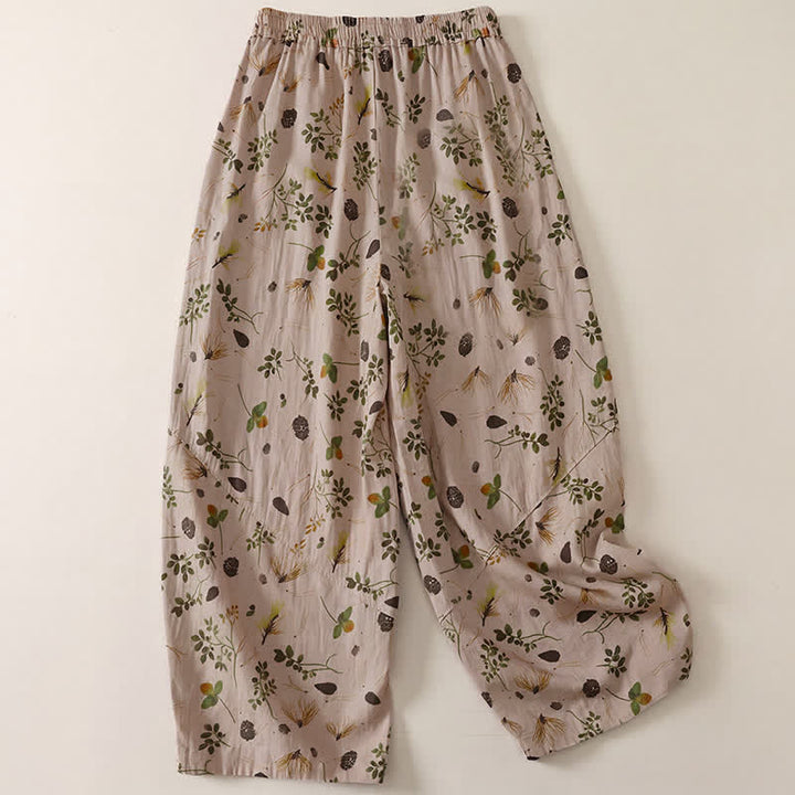 Buddha Stones Spring Summer Casual Boho Drawstring Floral Leaves Cropped Pants Women's Harem Pants With Pockets - Tan - US8-10, UK/AU12-14, EU40-42 (2XL) - image 0