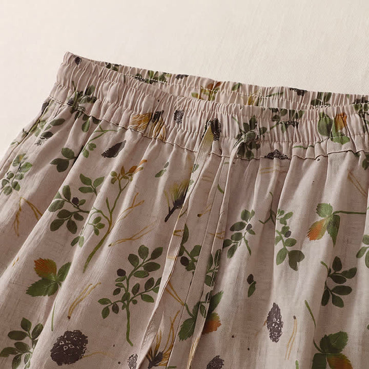 Buddha Stones Spring Summer Casual Boho Drawstring Floral Leaves Cropped Pants Women's Harem Pants With Pockets - image 1